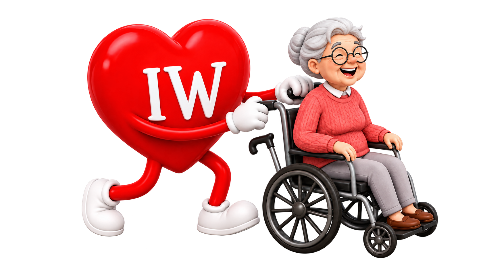 Personagem do Instituto Waltercon empurrando uma senhora em cadeira de rodas